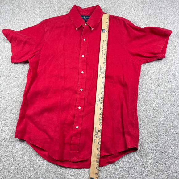Ralph Lauren Button Down Shirt Mens L Red 100% Linen Custom Fit Short Sleeve - Picture 5 of 6